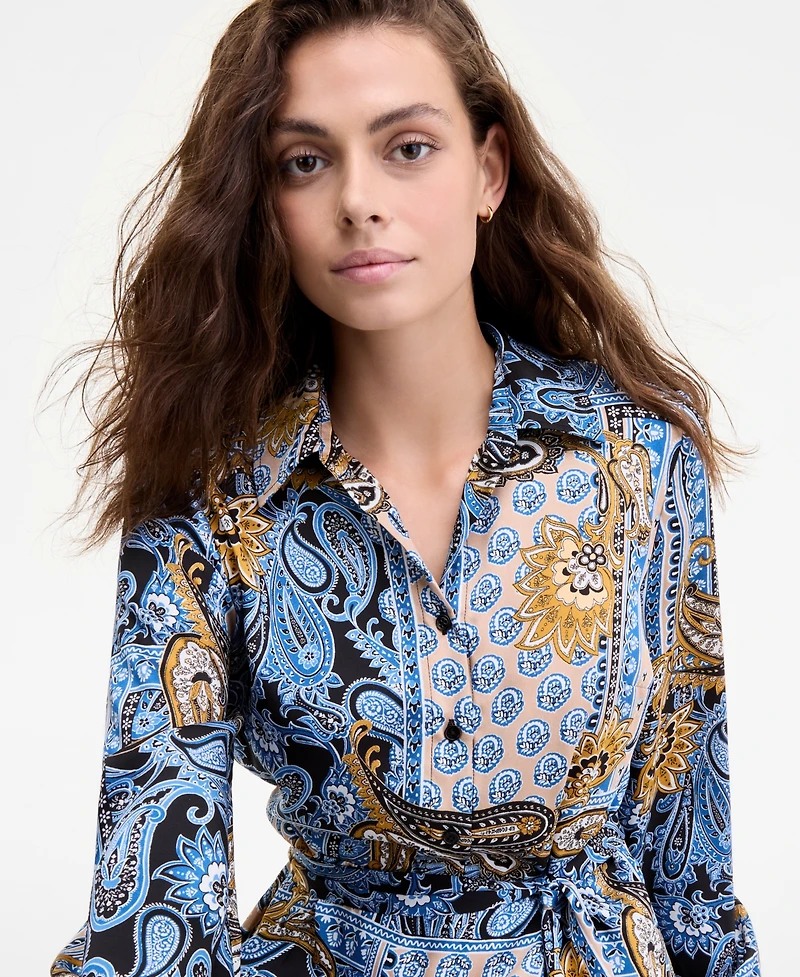 Jones New York Women's Collared Paisley Tie-Waist Shirtdress