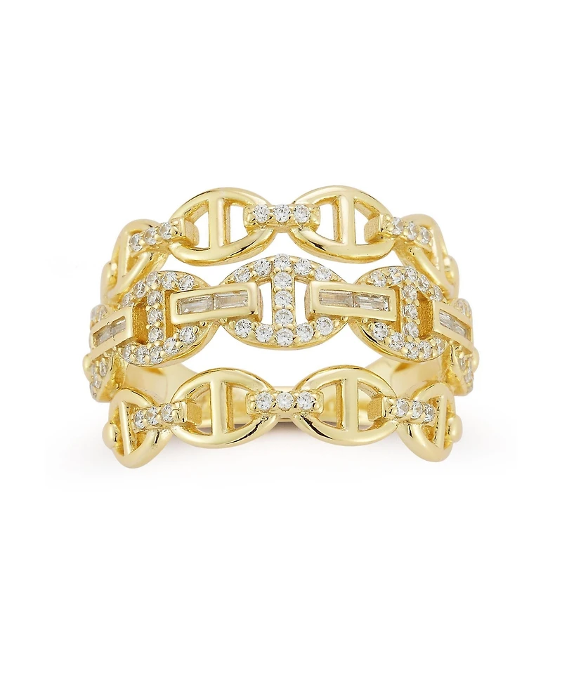 Rachel Zoe 14K Gold Plated Sterling Silver Triple Row Pave Mariner Link Ring