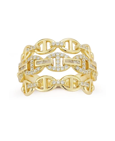 Rachel Zoe 14K Gold Plated Sterling Silver Triple Row Pave Mariner Link Ring