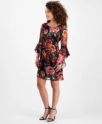 Connected Petite Floral-Print Bell Flare-Sleeve Dress