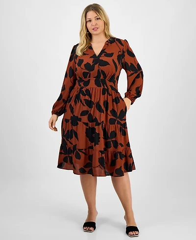 Robbie Bee Plus Printed Tie-Waist Tiered Long-Sleeve Dress