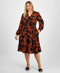 Robbie Bee Plus Printed Tie-Waist Tiered Long-Sleeve Dress