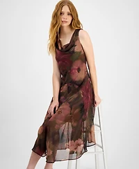 Robbie Bee Petite Printed Cowlneck High-Low Midi Dress