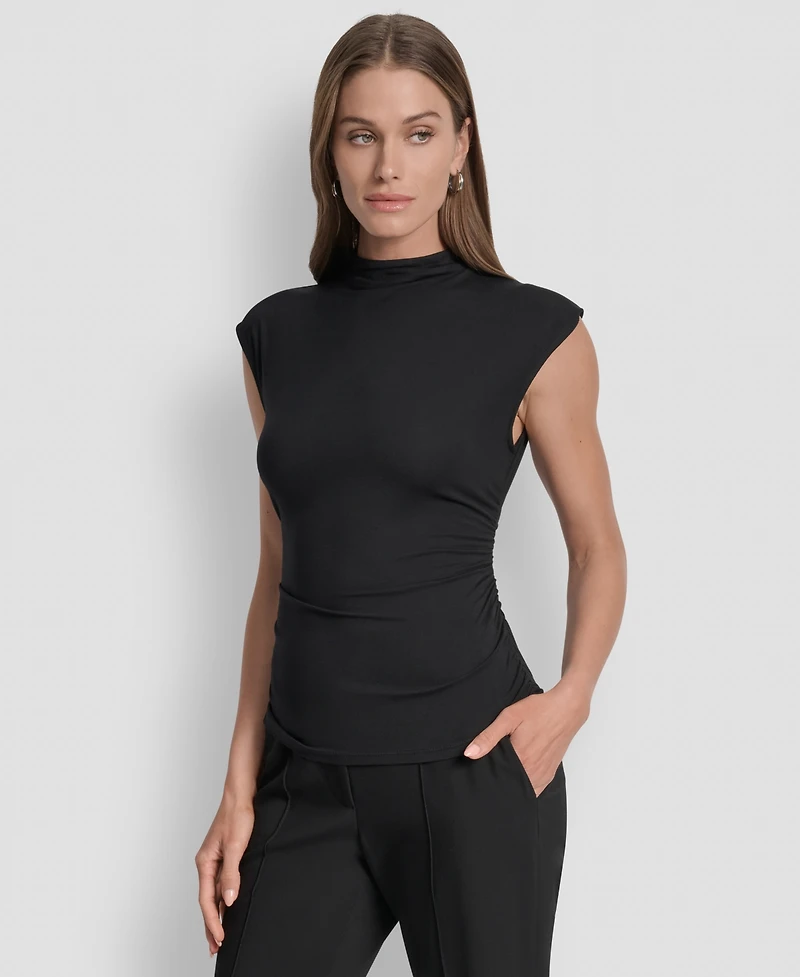 Dkny Women's Mock-Neck Sleeveless Side-ruched Knit Top, Regular & Petite