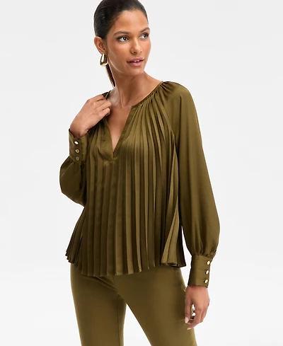 I.n.c. International Concepts Women's Pleated V-Neck Blouse, Macy's Exclusive