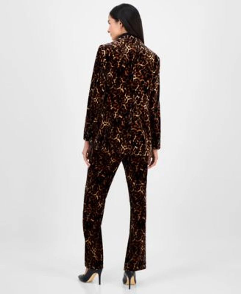 Anne Klein Womens Animal Print One Button Blazer Long Sleeve Turtleneck Animal Print Velvet Pants