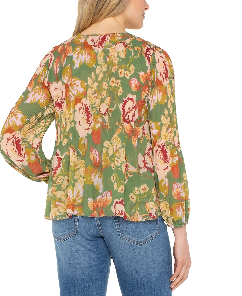 Liverpool Los Angeles Women's V-Neck Long-Sleeve Pleated Blouse