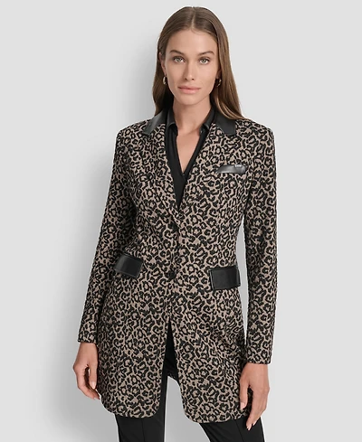 Dkny Women's Faux-Leather-Trim Leopard-Print Jacket