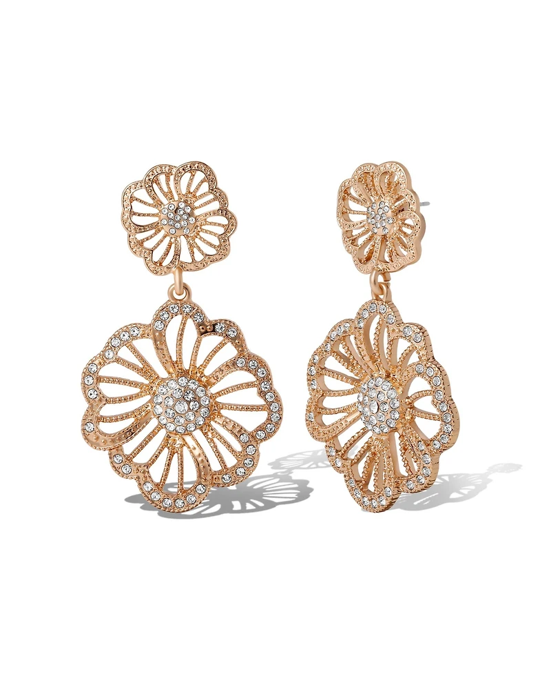 Jessica Simpson Gold-Tone Floral Drop Earrings with Pave Crystal Accents