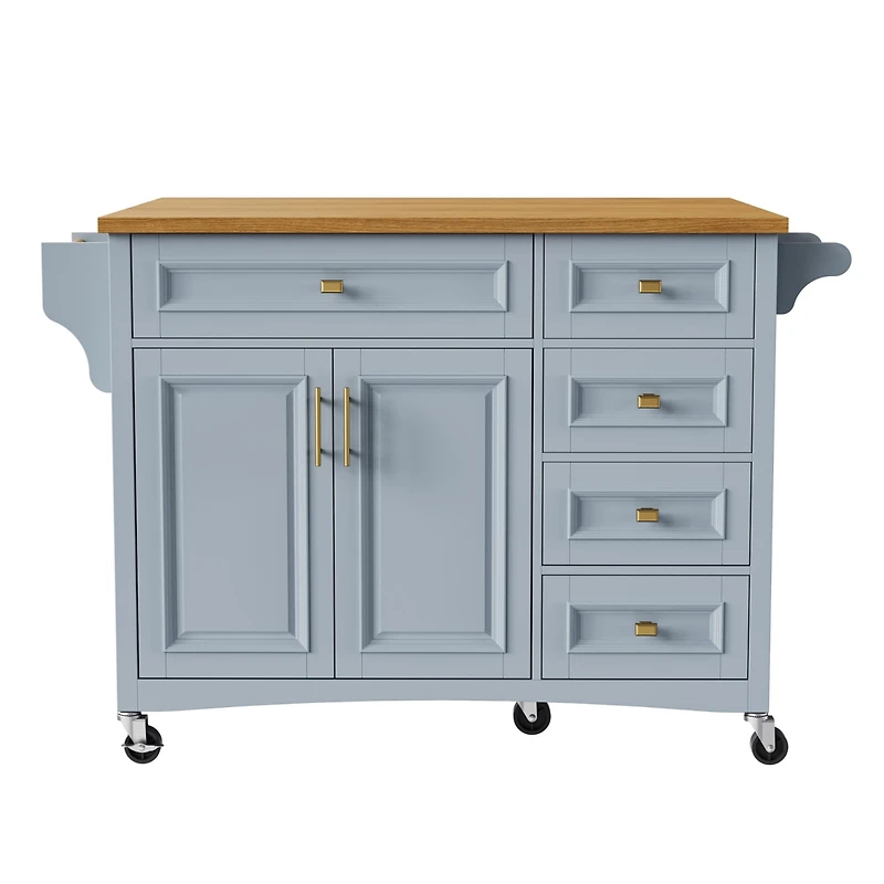 Casainc 52" Rolling Kitchen Island with Drop Leaf, Spice Rack, Towel 2 Doors, 5 Drawers, Adjustable Shelf (No Stools)