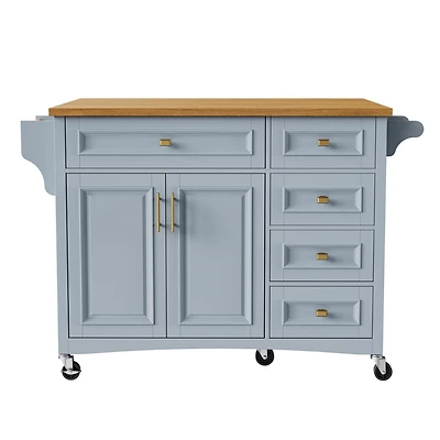 Casainc 52" Rolling Kitchen Island with Drop Leaf, Spice Rack, Towel 2 Doors, 5 Drawers, Adjustable Shelf (No Stools)
