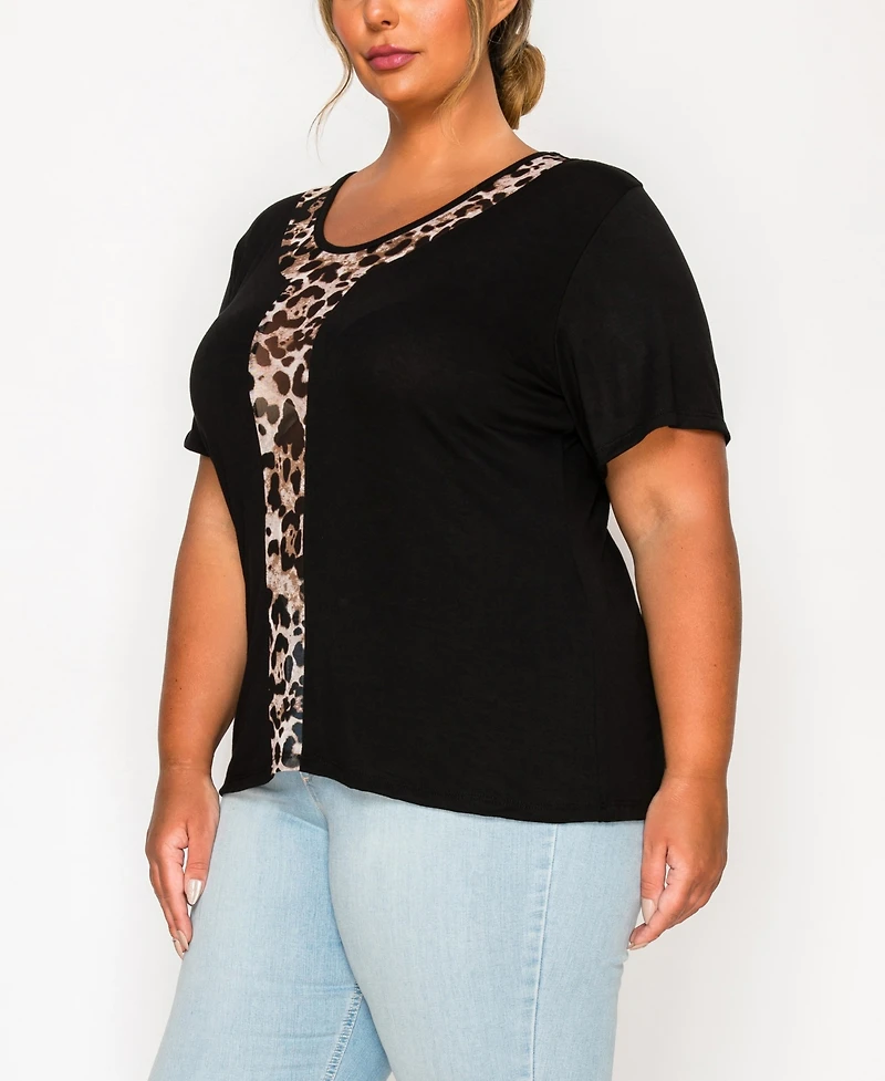 Coin 1804 Plus Leopard Print Mesh Inset Short Sleeve Top