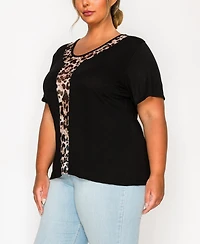 Coin 1804 Plus Leopard Print Mesh Inset Short Sleeve Top