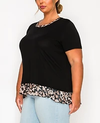 Coin 1804 Plus Leopard Print Mesh Pleat Back Short Sleeve Top