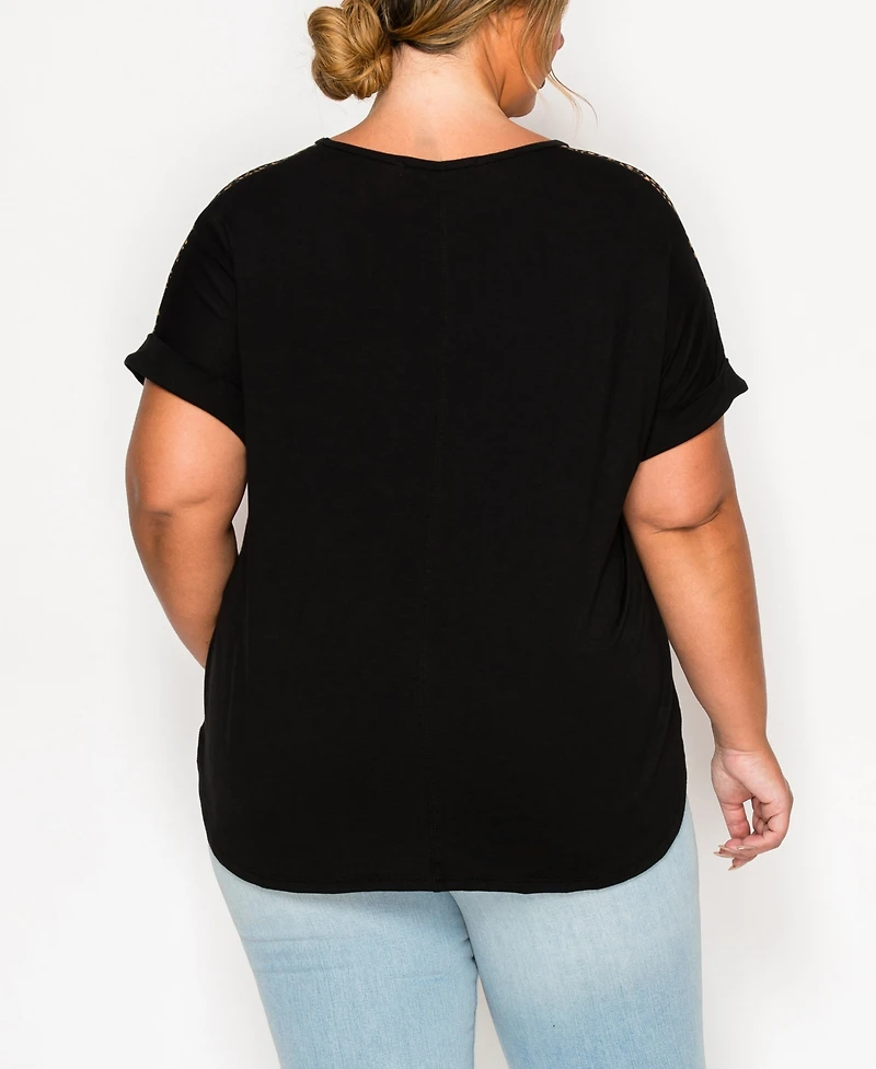 Coin 1804 Plus Pebble Mesh Pocket Shoulder Rolled Sleeve Top