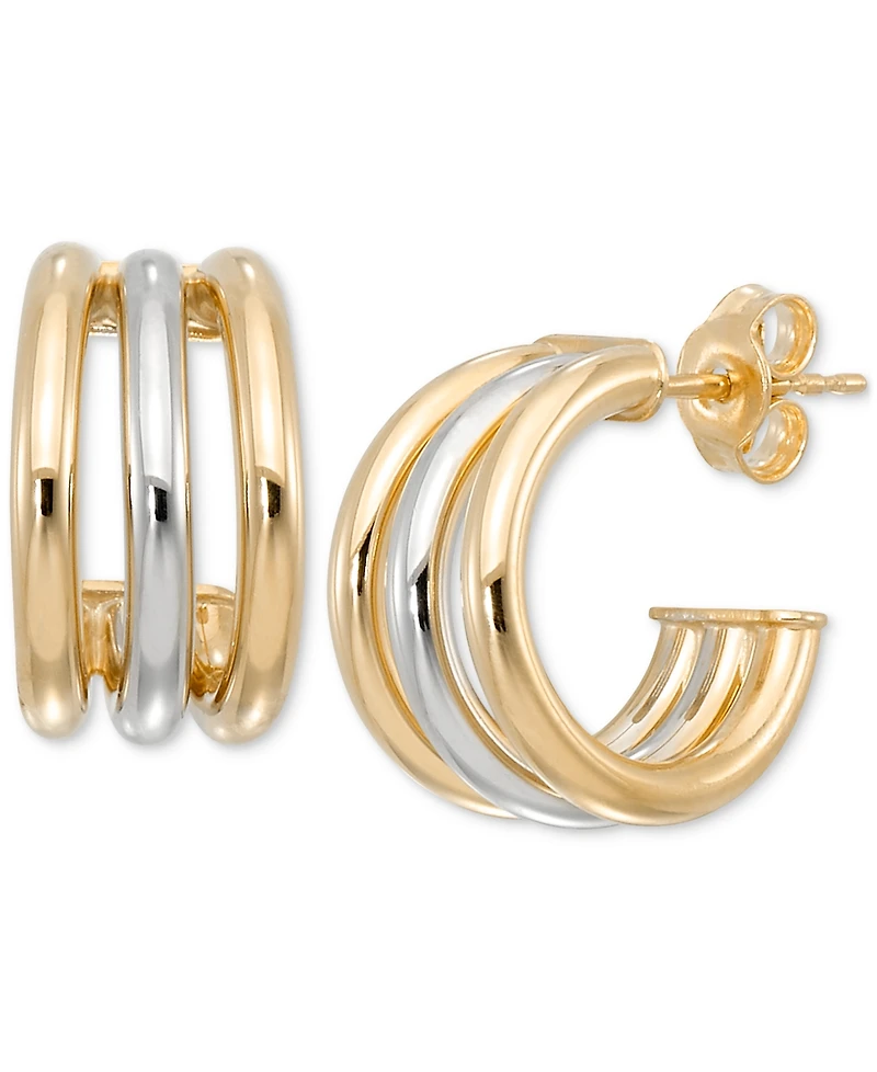 Polished Triple Row Extra-Small C Hoop Earrings in 10k White & Yellow Gold, 0.39"