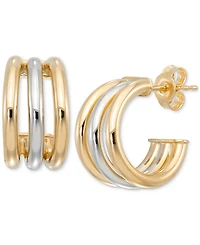 Polished Triple Row Extra-Small C Hoop Earrings in 10k White & Yellow Gold, 0.39"