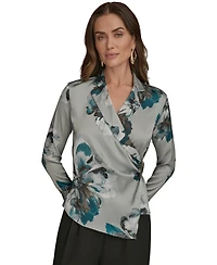 Donna Karan New York Petites Long-Sleeve Printed Shawl-Collar Blouse