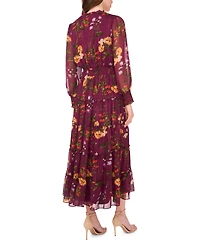 Msk Women's Long-Sleeve Tie-Neck Smocked-Waist Maxi Dress