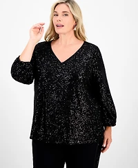 Jm Collection Plus Size Sequinned V-Neck 3/4-Sleeve Top, Macy's Exclusive