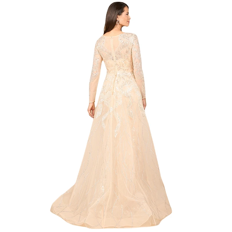 Lara Women's Long Sleeve Gown with Overskirt & High Neck