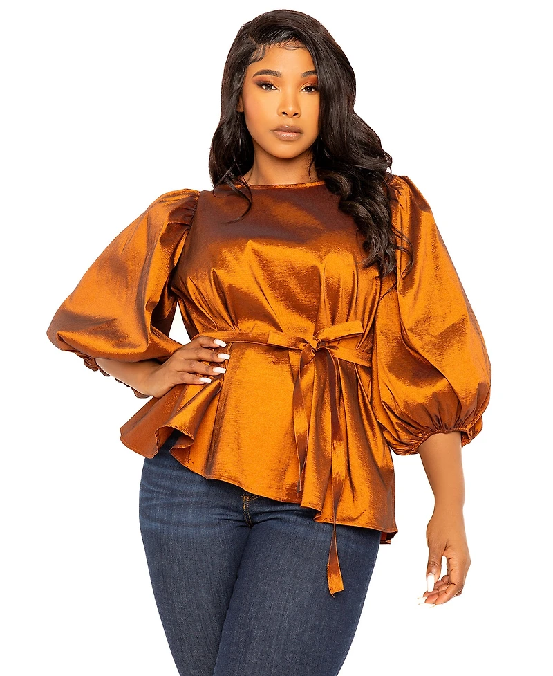 Buxom Couture Plus Size Tie Waist Voluminous Sleeve Blouse