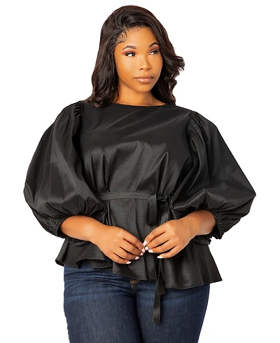 Buxom Couture Women's Tie Waist Voluminous Sleeve Blouse
