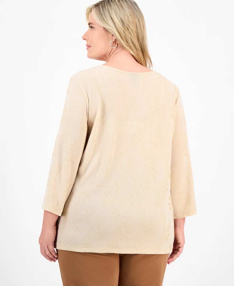 Jm Collection Plus Size Metallic Jacquard 3/4-Sleeve Top, Macy's Exclusive