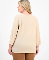 Jm Collection Plus Size Metallic Jacquard 3/4-Sleeve Top, Macy's Exclusive