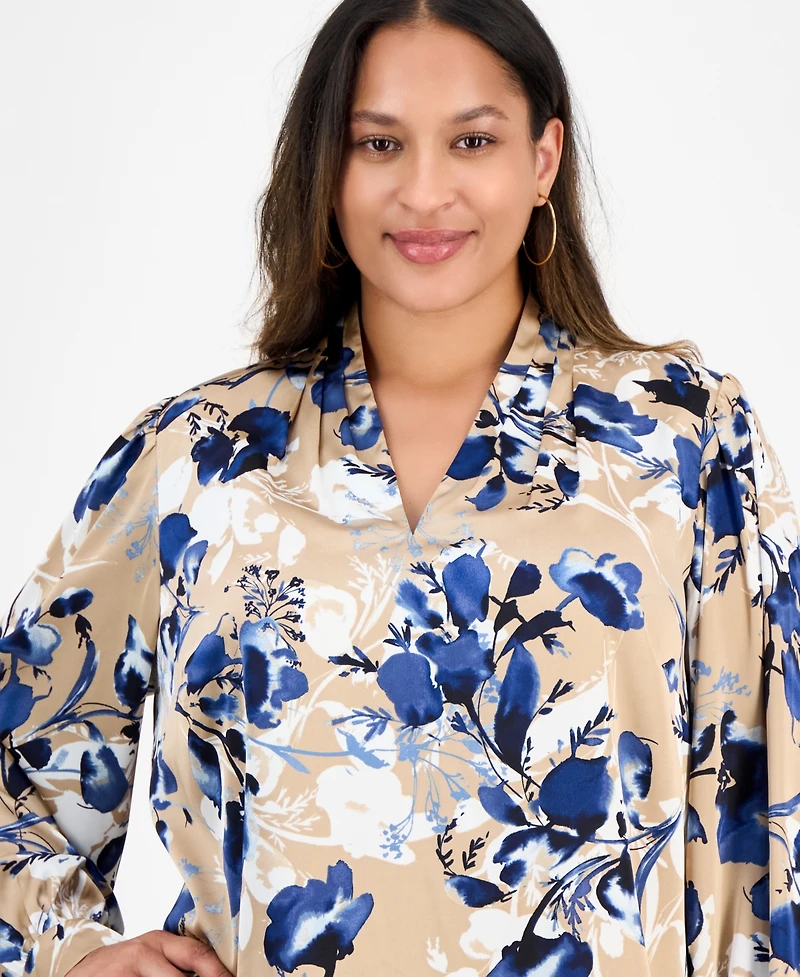 Kasper Plus Pleated V-Neck Floral Print Blouse