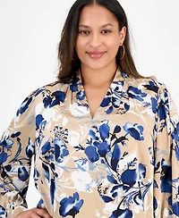 Kasper Plus Pleated V-Neck Floral Print Blouse