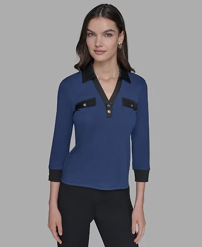 Karl Lagerfeld Paris Petite Collared V-Neck Rib-Knit Top