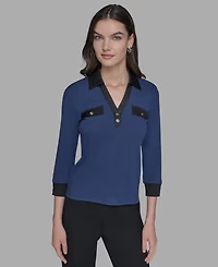 Karl Lagerfeld Paris Petite Collared V-Neck Rib-Knit Top