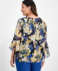 Kasper Plus 3/4-Ruffle Sleeve Printed Blouse