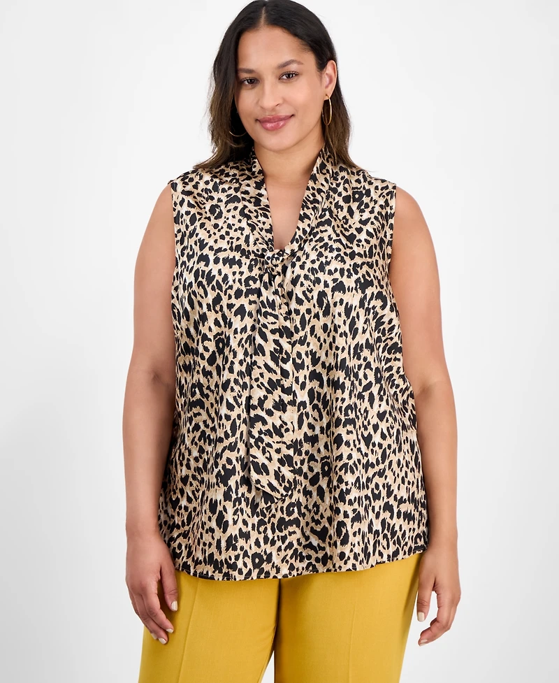 Kasper Plus Printed Sleeveless Tie-Neck Blouse