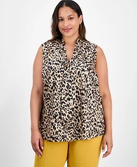 Kasper Plus Printed Sleeveless Tie-Neck Blouse