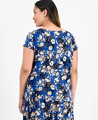 Kasper Plus Printed Cap-Sleeve Cowlneck Blouse