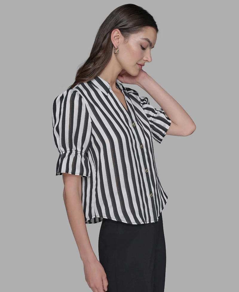 Karl Lagerfeld Paris Petite Striped Puff-Sleeve Shirt