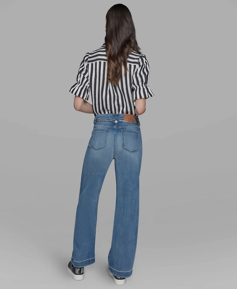Karl Lagerfeld Paris Petite Chain Belt High Rise Wide Leg Jeans