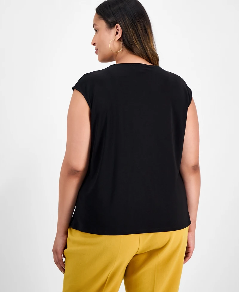 Kasper Plus Pleated-Neck Sleeveless Top