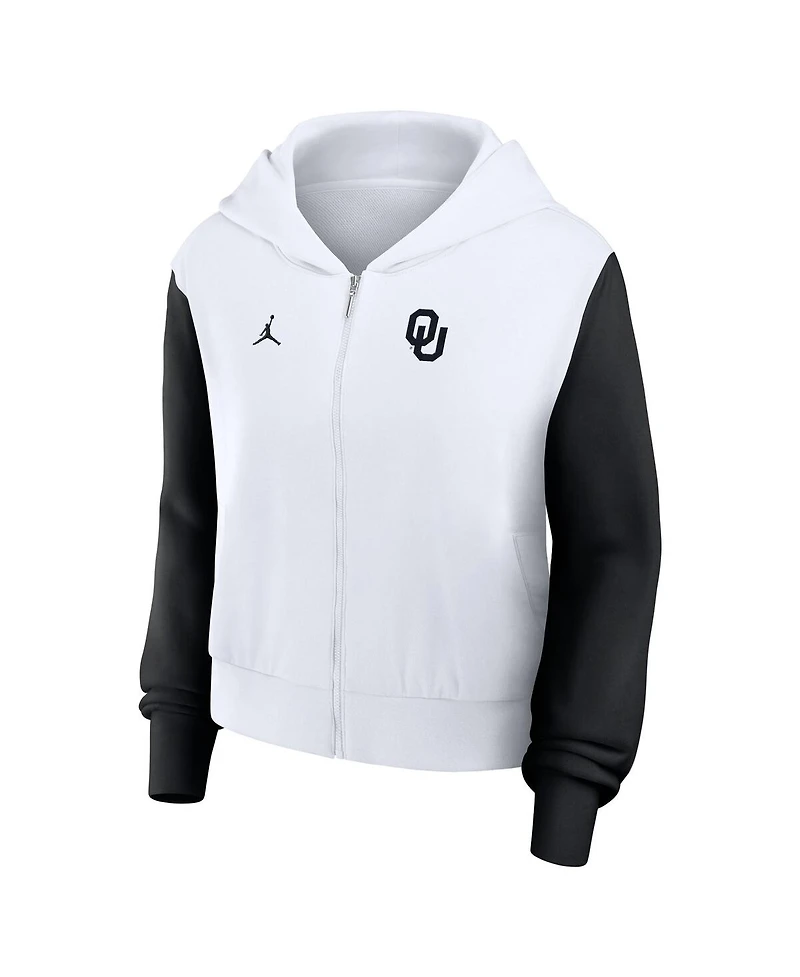Jordan Women's White Oklahoma Sooners Cropped Athletic Prep Color Block Script Full-Zip Hoodie