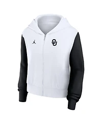 Jordan Women's White Oklahoma Sooners Cropped Athletic Prep Color Block Script Full-Zip Hoodie