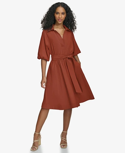 Calvin Klein Women's Belted Puffed-Sleeve Shirtdress