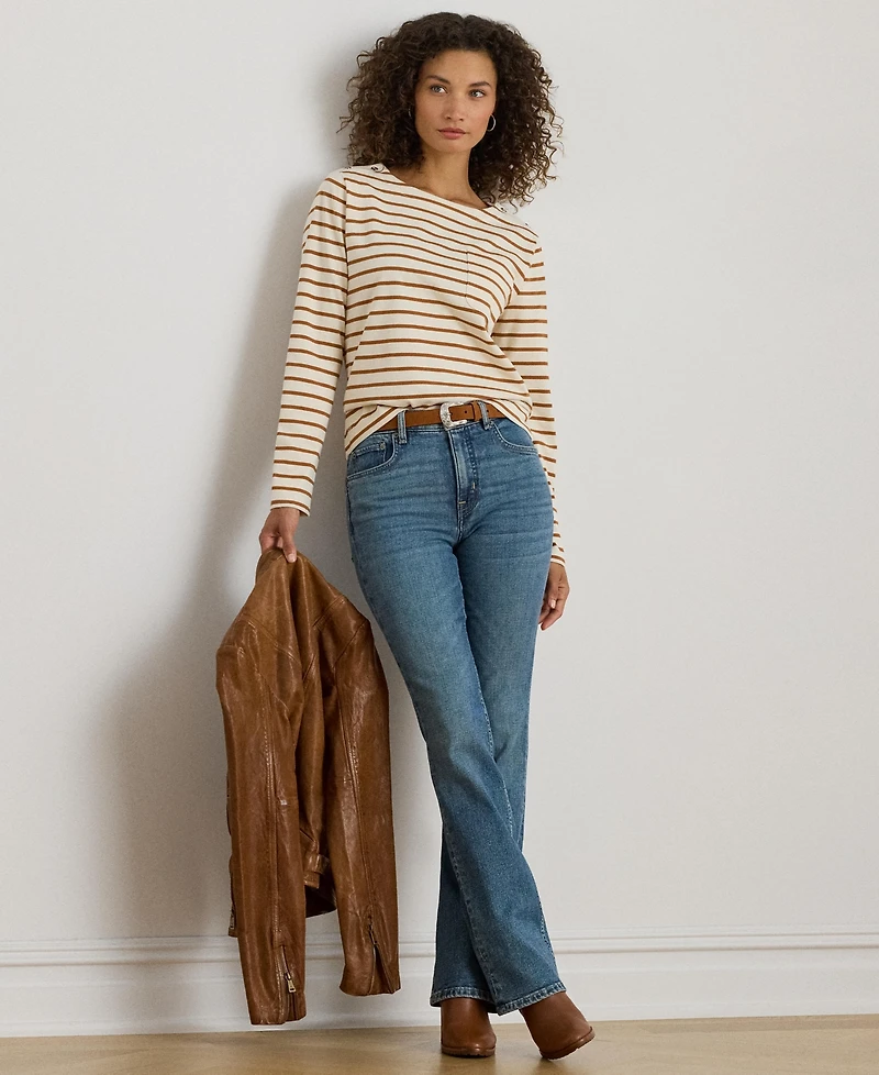 Lauren Ralph Women's Striped Jersey Snap-Trim Boatneck Top