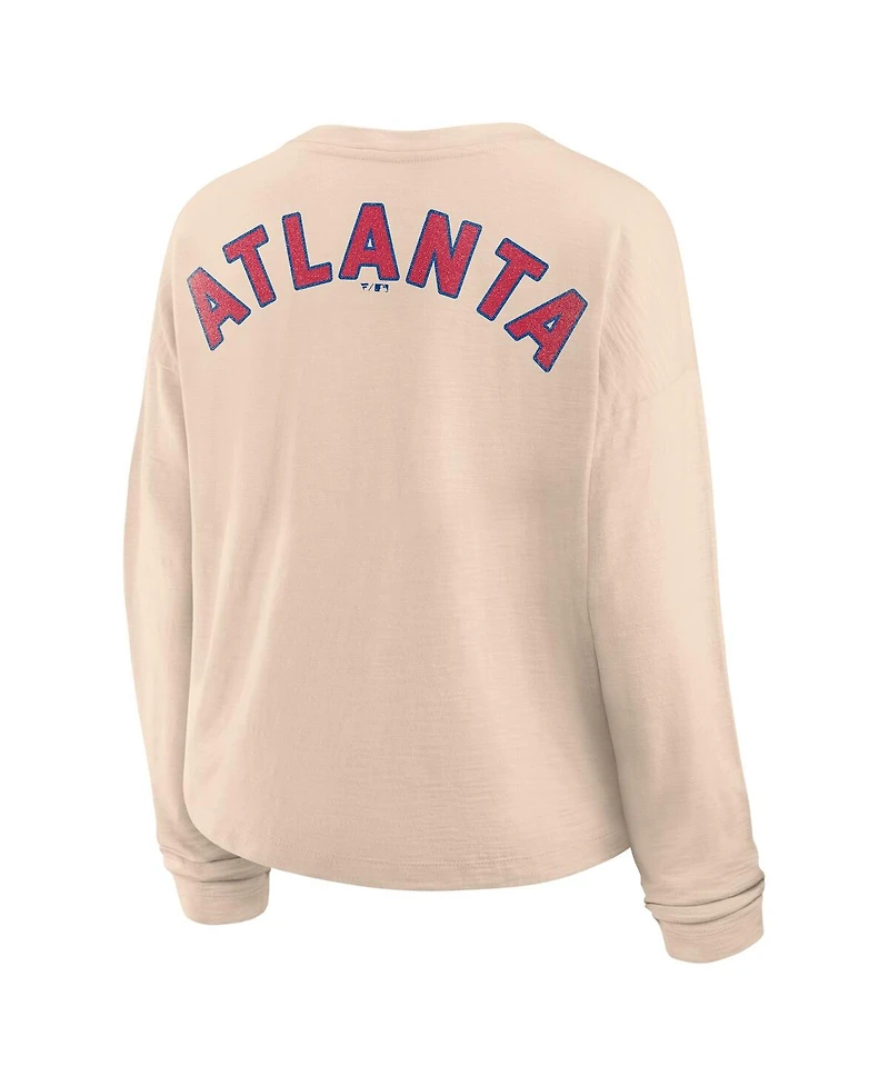 Fanatics Women's Tan Atlanta Braves Oversized Stadium Slub Long Sleeve Henley T-Shirt