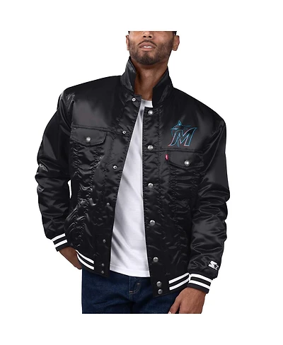 Levi's x Starter Men's Black Miami Marlins Silver Tab Satin Full-Snap Trucker Jacket