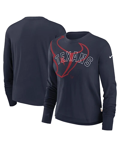 Nike Women's Navy Houston Texans Layered Logo Cropped Long Sleeve Fashion T-Shirt