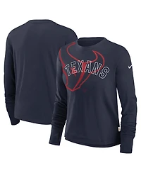 Nike Women's Navy Houston Texans Layered Logo Cropped Long Sleeve Fashion T-Shirt