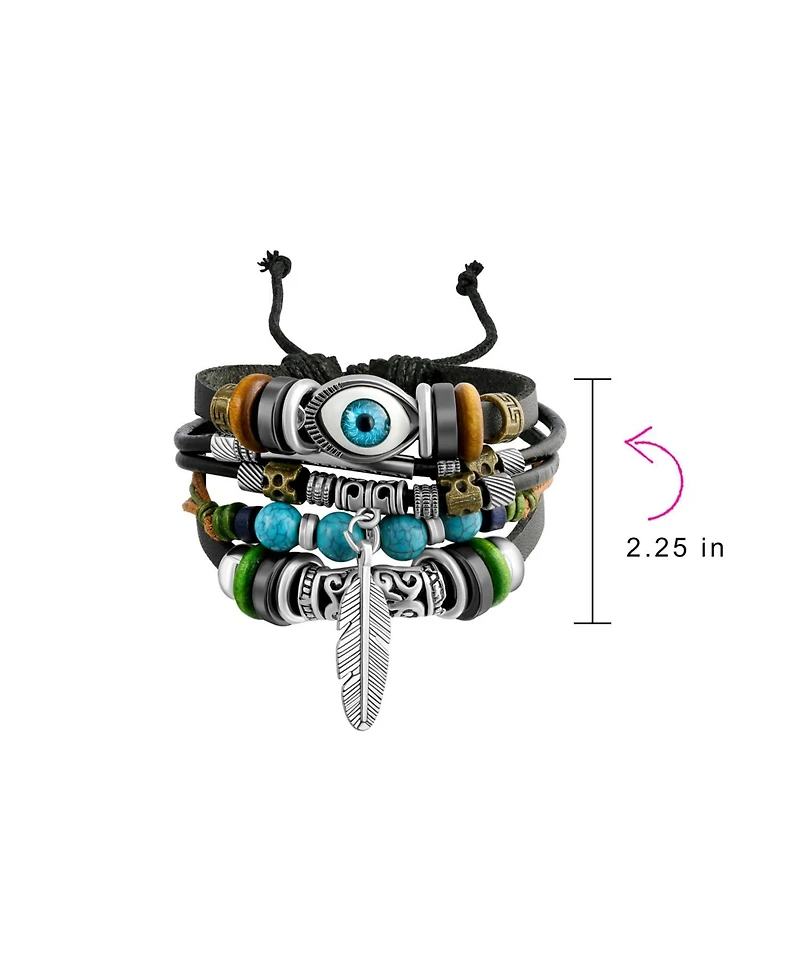 Bling Jewelry Retro Boho Evil Eye Leather Rope Wrap Multi Layer Charm Bracelet Adjustable