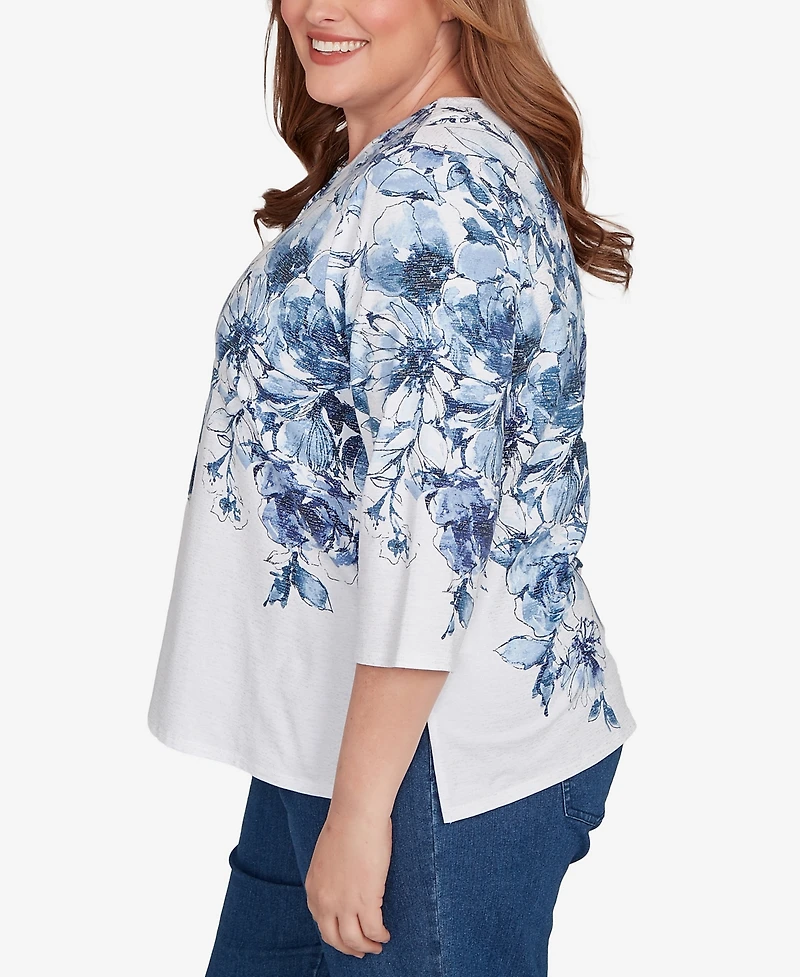 Alfred Dunner Plus Floral Split Beaded Keyhole Neck Top